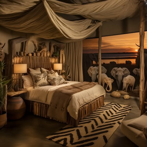 AI Prompt we used: A super realistic, sharp photo of: African Savanna Lodge: The room captures the vastness of the African plains. Bed is made of reclaimed wood and draped with earth-toned fabrics. Wall murals showcase majestic elephants and serene sunsets. A simulated thatch roof and woven grass rugs on the floor enhance the lodge feel. Animal footprints are stenciled leading up to the bunks, creating a playful tracking game. African Lodge Interiors, Africa Themed Bedroom, African Bedroom Decor Ideas, South African Bedroom, Safari Bedroom Ideas For Adults, African Bedroom Ideas, Safari Lodge Interior, Safari Theme Bedroom, Safari Bedroom Decor