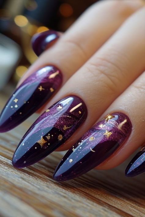 Future Dusk Nails Design, Mythical Nail Art, Witchy Celestial Nails, Purple And Golden Nails, Crazy Nail Ideas Art Designs, Future Dusk Nails, Purple Glass Nails, Whimsical Nail Designs, Rich Nails Design