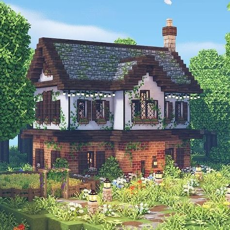 Pretty Minecraft Houses, Minecraft Farmhouse, Minecraft Cottagecore House, Minecraft Cottage House, Minecraft Brick, Cottage Minecraft, Cottagecore House, Rumah Minecraft Sederhana, Cute Farmhouse