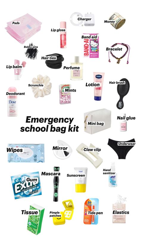 This isn’t realistic I added bunch of things but it’s an idea of what to put in ur emergency bag #school Schul Survival Kits, Be An Influencer, Middle School Essentials, School Emergency Kit, School Backpack Essentials, Middle School Survival, School Routine For Teens, School Survival Kits, School Preparation