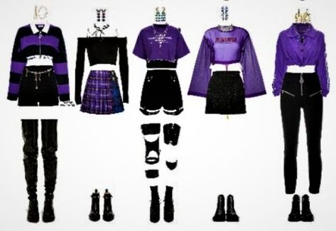 Purple Kpop Outfits Stage, Black And Purple Concert Outfit, Purple Anime Outfits, Stage Outfits Purple, Idol Clothes Outfit, Kpop Stage Outfits 5 Members, Kpop Stage Outfits Ideas 5 Members, Purple Stage Outfits, Kpop Group Outfits Ideas