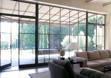 Pretty Living Room, Steel Doors And Windows, Traditional Family Room, Windows Design, Living Room Wood Floor, Elegant Place, Square Grid, Steel Windows, Trendy Living Rooms