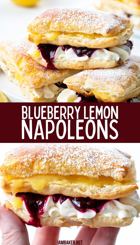 A hand holding a blueberry lemon napoleon, and a stack of napoleons. Puff Pastry Recipes For Easter, Napolean Puff Pastry Recipe, Lemon Blueberry Pastry, Lemon Curd And Blueberry Desserts, Puff Pastry Napoleon Recipe, Lemon Curd Puff Pastry Recipes, Puff Pastry Blueberry Recipes, Lemon Puff Pastry Desserts, Blueberry Pastry Recipes