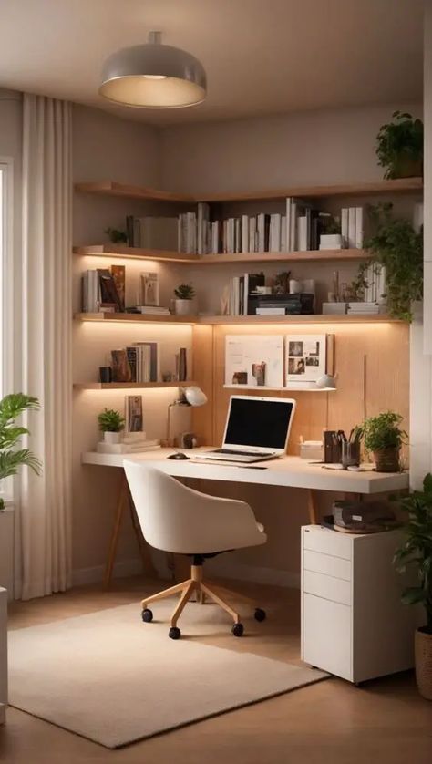 Home Study Rooms, Tiny Office, Feminine Home Offices, Home Workspace, Small Space Office, Cozy Home Office, Corner Office, Home Office Ideas, Study Room Decor