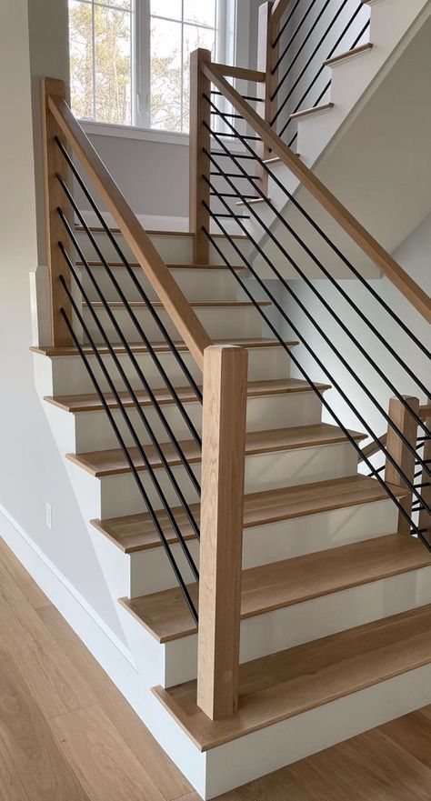 Cedar Stair Railing, Airy Organic Modern Living Room, Wood Stair Railing Ideas Modern, Stair Railing Horizontal, Modern Stair Case, Stairs 2023, Build Stairs, Staircase Renovation, Farmhouse Stairs