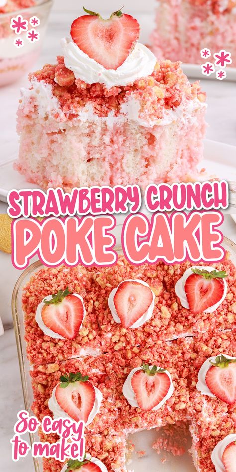 This stunning Strawberry Crunch Poke Cake is filled with a strawberry milk-gelatin mixture, topped with Cool Whip, crushed Oreos, and freshly halved strawberries! It's the perfect dessert for any special occasion such as birthdays, baby showers, or high tea! Homemade Strawberry Poke Cake, Ooey Gooey Strawberry Cake, Cake With Jello On Top, Strawberry Good Humor Cake, Pink Themed Dessert Table, Strawberry Pop Cake Recipes, Strawberry Jello Poke Cake Recipe, Poke Cake With White Cake, Southern Strawberry Shortcake