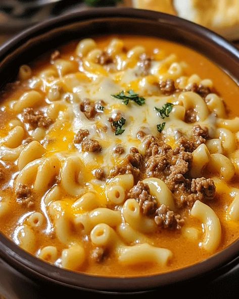 Macaroni And Cheese Soup Recipes, Cheeseburger Soup With Noodles, One Pot Cheeseburger Soup, Soup With Macaroni Noodles, Cheesy Soup Recipes, Macaroni Cheeseburger Soup, Hamburger Soup With Pasta, Ground Beef Macaroni Soup, Cheeseburger Macaroni Soup