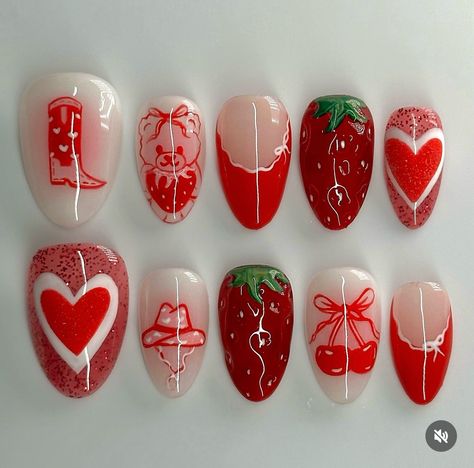 3d Heart Nails, Jan Nails, Crystal Valentine, Nails Strawberry, Strawberry Nail Art, Strawberry Nails, Nails Painted, Gel X Nails, Heart Nail Designs