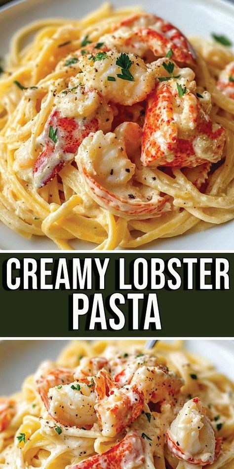 Creamy Lobster Pasta Ingredients: 8 ounces linguine or fettuccine pasta 1 tablespoon olive oil 2 cloves garlic, minced 1/4 cup dry white wine (optional) 1 cup heavy cream 1/2 cup grated Parmesan cheese Zest of 1 lemon Juice of 1/2 lemon 2 cups cooked lobster meat, chopped Salt and freshly ground black pepper, to taste Fresh parsley, chopped (for garnish) #pasta #easyrecipes #camilarecipes Red Lobster Seafood Pasta, Seafood Pasta Crockpot Recipes, Shrimp And Lobster Scampi, Pasta With Langostino, Lobster Pasta Dishes, Lobster Carbonara Recipe, Lobster Linguine Recipe, Crab Leg Pasta Recipes, Seafood Pasta Recipes White Wine