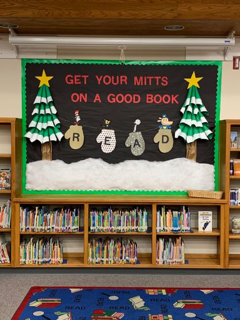 Get Wrapped Up In A Good Book Bulletin Board, Christmas Book Themed Door Decorations, Christmas Display Library, Gingerbread Library Bulletin Board, December Library Bulletin Board Ideas, Library Holiday Bulletin Boards, Christmas Library Door Ideas, December Library Lessons, Winter Library Book Displays