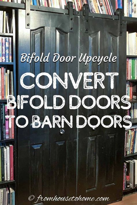 If you've looking for a way to repurpose bifold doors, try converting them into barn doors. It's an easy home decor DIY project to upcycle the bifold doors you already have in your bedroom, office, living room, closet or laundry room. #fromhousetohome #homedecor #diyproject #doors #barndoors  #diydecorating Bedroom Dark Purple, Bookcase In Bedroom, Bifold Door Makeover, Dark Purple Bedroom, Bifold Doors Makeover, Black Bedrooms, Dramatic Bedroom, Bedroom Layout Ideas, Farrow Bal