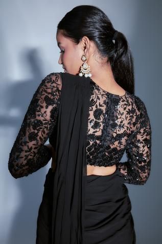 Net Black Blouse Designs For Saree, Black Net Blouse Design, Net Saree Blouse Designs Party Wear, Black Saree Blouse Party Wear, Black Blouse Designs For Saree, Designer Black Blouse, Black Designer Blouse, Black Net Blouse, Georgette Saree Blouse