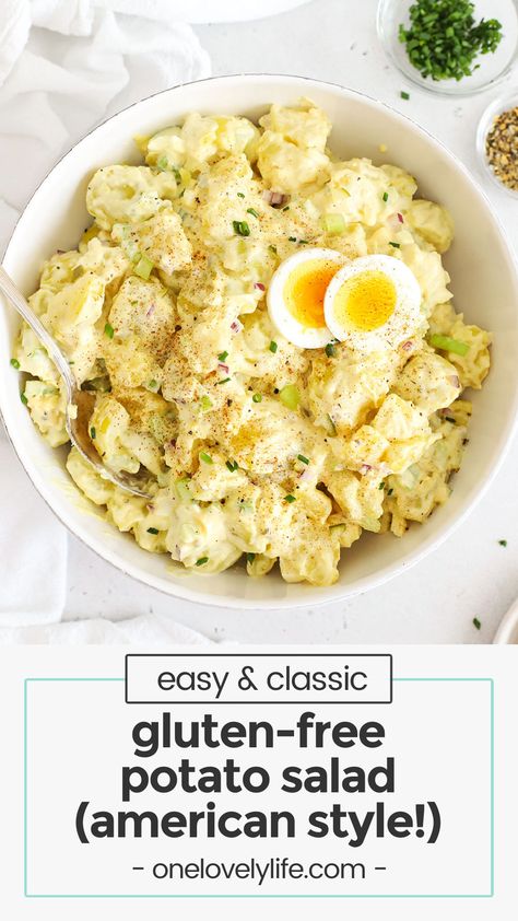 Our classic American-style potato salad recipe is naturally gluten-free and full of homestyle flavor. It's the perfect classic side dish for potlucks, picnics, and summer barbecues. / gluten-free american potato salad / gluten-free potato salad recipe / classic potato salad recipe / creamy potato salad recipe / the best gluten-free potato salad recipe / gluten free side dish / gluten-free bbq side dish / potato salad recipe with creamy dressing / is potato salad gluten free Gluten Free Potato Salad Recipe, Gluten Free Potato Salad, Creamy Potato Salad Recipe, Gluten Free Side Dish, American Potato Salad, Salad Recipes Gluten Free, Salad Gluten Free, Gluten Free Bbq, Potato Salad Dressing