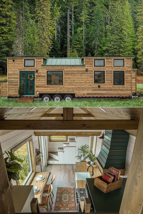 Tyhee Tiny House With Spacious Kitchen, Spa-Style Bathroom is a Couple’s Dream Home Tiny House On Wheels Exterior Ideas, Tiny House Ground Floor Bedroom, Tiny House Interior Design 12x24, Luxury Tiny House On Wheels, Tiny Home Wheels, Tony House On Wheels, Modern Tiny House Loft, Mini House On Wheels, Tiny Cabin Plans Layout