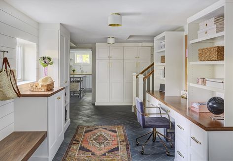 glen ellyn home Mudroom Tile, Transitional Home Office, Latest Kitchen Trends, Chicago Interior Design, Kitchen Studio, Kitchen Desks, Basement Laundry, Herringbone Floor, Studio Kitchen