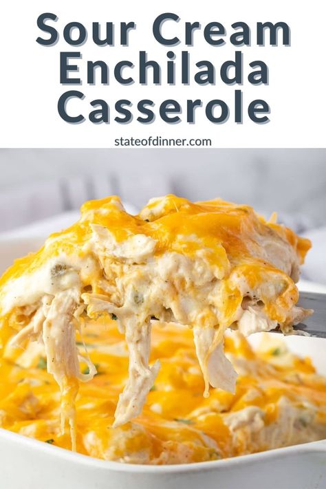 Sour Cream Chicken Enchilada Casserole has every flavor you want in a Mexican chicken dinner. It is a cheesy, creamy, layered casserole and you get the taste of enchiladas without having to mess with rolling up tortillas! Easy Chicken Recipes With Sour Cream, Layered Enchiladas Casserole, Chicken Enchiladas Without Tortillas, Sour Cream Chicken Enchilada Skillet, Sour Cream Green Chili Chicken Enchilada Casserole, Cheesy Enchiladas Chicken, Chicken Enchilada Casserole With Cream Cheese, Layered Chicken Enchiladas, Sour Cream Chicken Enchilada Recipe With Cream Of Chicken Soup