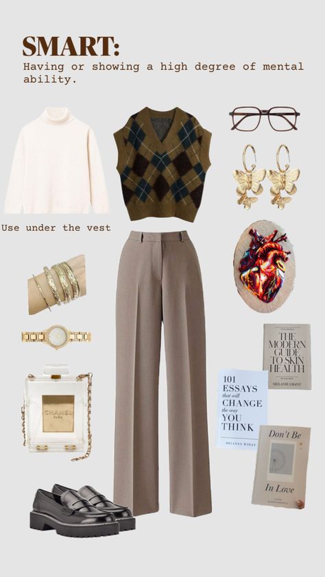 For my smart girlies, keep at it!🌕🗝️🖋️📝🤎…#darkacademia #lightacademia #smart #girl #woman #women #outfit #aesthetic #brown #vest #longsleeve #formal #books #bookworm #reading #tips #vintage #vibes #me #era # selfcare #independent #coco #channel #watches #gold #jewelry #selfimprovement #selfgrowth #girlboss #writer #reader #beige #yeah Outfit Ideas Vintage Classy, Smart Clothes Aesthetic, Book Worm Aesthetic Outfit, Vintage Girly Outfits Aesthetic, Vintage Journalist Outfit, Writer Clothes Aesthetic, How To Dress Like A Writer, Library Aesthetic Clothes, Reader Girl Aesthetic Outfit