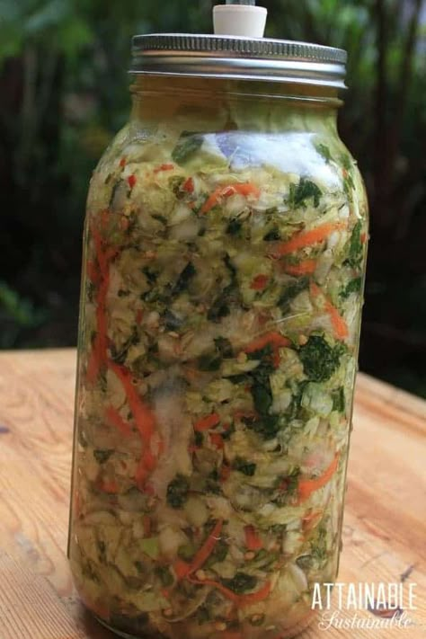 This easy kimchi recipe is spicy and crunchy and salty - it's a great side dish to go with meat and fish when you don't have time to make a salad. Making kimchi is easy. This (vegan) kimchi recipe calls for lots of slicing and dicing, but that's really all it entails. Once chopped, it's just a matter of fermenting the vegetables. #fermenting #preservation #recipe Easy Kimchi Recipe, Homemade Probiotics, Kimchee Recipe, Vegan Kimchi Recipe, Making Kimchi, Easy Kimchi, Fermented Vegetables Recipes, Kimchi Recipes, Fermenting Vegetables