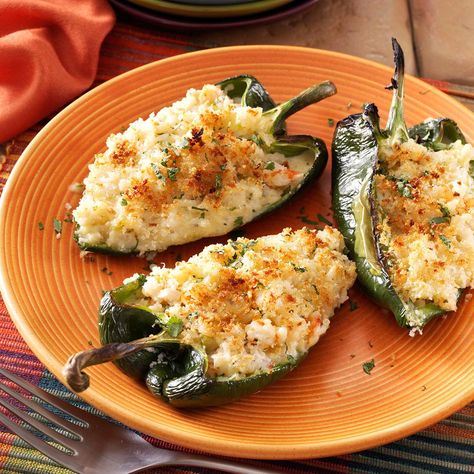 Shrimp-Stuffed Poblano Peppers Recipe -I created this dish for my mother when she moved back to our hometown. Since she really enjoys shrimp and slightly spicy food, I decided to create a shrimp-stuffed poblanos to surprise her. She was delighted.—Tina Garcia-Ortiz, Tampa, Florida Stuffed Poblanos, Poblano Peppers Recipes, Poblano Pepper, Poblano Peppers, Pepper Recipes, Shrimp Dishes, Stuffed Poblano Peppers, Peppers Recipes, Mexican Dishes