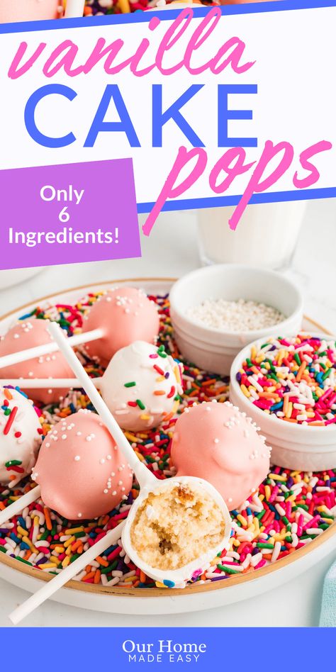 This easy cake pop recipe is the perfect budget-friendly dessert! Made with boxed cake mix, vanilla frosting, and candy melts, these homemade cake pops are great for parties, holidays, or baby showers. #cakepops #starbucks #ourhomemadeeasy #babyshowers #firstbirthday Box Mix Cake Pops, Cake Pop Recipe Easy Box Cake, Simple Cake Pops Recipe, Cake Pops Recipe Vanilla, No Bake Cake Pop, Cake Pop Recipes Easy, Cake Pop Machine Recipes, Cake Pop Recipe With Box Cake, Simple Cake Pop Recipe