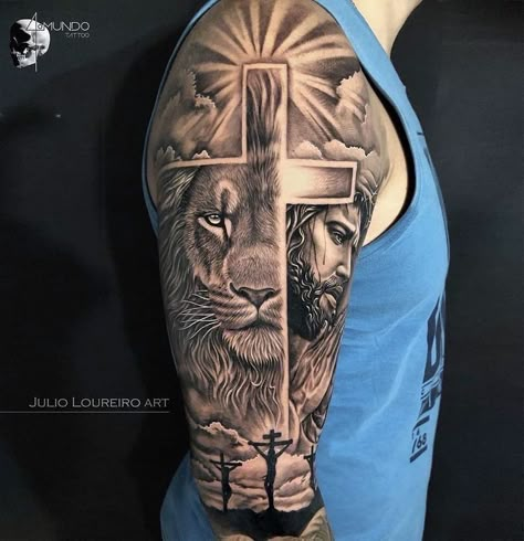 Lion And Cross Tattoo, Vel Tattoo, Jesus Hand Tattoo, Jesus Tattoo Sleeve, Stammestattoo Designs, Jesus Tattoo Design, Legs Tattoo, Tattoos With Deep Meaning, Praying Hands Tattoo