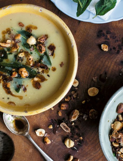 Celeriac Soup with Hazelnuts & Crispy Sage – Recipes – Anna Jones Celeriac Soup, Sage Recipes, Celery Recipes, Flavour Combinations, Pickled Cabbage, Food Pic, Coconut Soup, Celery Juice, Shape Magazine