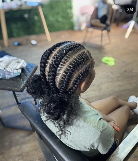 Braids To The Back With Two Buns, Braids In To A Bun, Two Buns Hairstyle With Braids, Stitch Bun With Curls, Two Braids Black Hair, Braid Back Bun, Four Stitch Braids In Two Buns, Cornrow Braids Bun, Cornrow Two Buns