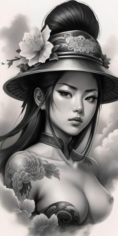 Anime Women Tattoo Design, Japanese Tattoo Art Geisha, Samurai Woman Art, Japanese Woman Tattoo, Samurai Girl Tattoo, Orientalism Art Tattoo, Female Samurai Tattoo, Drawings With Charcoal, Japanese Girl Tattoo