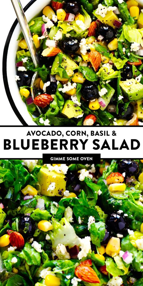 This Blueberry, Corn & Avocado Chopped Salad recipe is tossed with lots of fresh basil, toasted almonds, crumbled feta, red onions, and an easy lemon dressing. The perfect salad for summertime! | gimmesomeoven.com #salad #blueberry #corn #avocado #chopped #glutenfree #healthy #dinner #vegetarian #summer Avocado Chopped Salad, Chopped Salad Recipe, Corn Avocado, Blueberry Salad, Chopped Salad Recipes, Oven Recipe, Medicine Tips, Fresh Salad Recipes, Gimme Some Oven