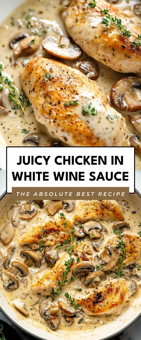 Image for Juicy Chicken in White Wine Sauce White Wine And Garlic Sauce, Chicken And White Wine Sauce, Top Rated Chicken Recipes, White Wine Chicken Recipes, Chicken Martini Recipe, Fancy Chicken Dinner, Saucy Chicken Recipes, Chicken With White Sauce, Chicken With White Wine Sauce