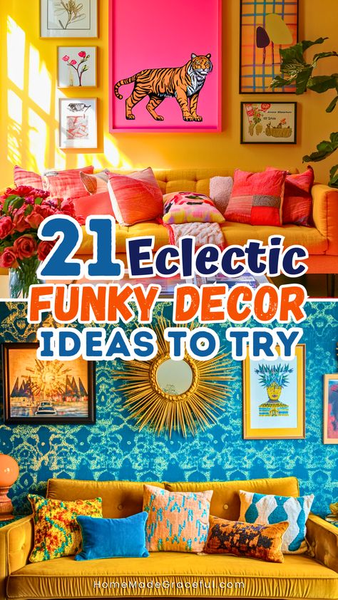 Dive into 21 inspiring funky eclectic decor ideas to infuse creativity and boldness into your home. Perfect for any space, from cozy bedrooms to stylish kitchens and colorful home offices. Experiment with mix-and-match styles, fun DIY projects, and unique furniture pieces. Add vibrant patterns, playful prints, or retro vibes to make your living room or bathroom stand out. These ideas will inspire you to create a space that's truly your own. Kitsch Bedroom Ideas, Maximalist Bedroom Wall Decor, Hipster House Decor, Bold Color Living Room Ideas, Eclectic Accent Wall, Kitschy Decor Living Room, Retro Eclectic Bedroom, Whimsical Living Room Ideas, Quirky Home Decor Living Room