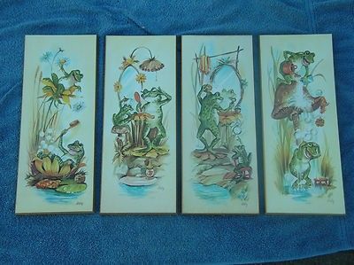 Vintage COBY FROG Print Litho Set of 4 Bedroom/Bathroom Bath WALL ART | #462039190 Cottage Garden Aesthetic, Vintage Mushroom Decor, Frog Bathroom, Bathroom Illustration, Frog Love, Theme Bathroom, Frog Print, Frog Pictures, Jewelry Wall