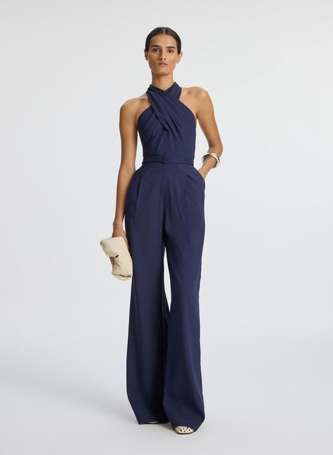 Murphy II Stretch Linen Jumpsuit Blue Jumpsuits Outfit, Jumpsuit Outfit Wedding, Cocktail Wedding Attire, Raffia Clutch, Semi Formal Attire, Jumpsuit Navy Blue, Formal Jumpsuit, Wedding Jumpsuit, Guest Attire