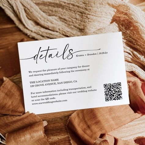 $2.00 | Simple Handwritten Script Wedding Details QR Code | Wedding Enclosure Cards | wedding details, reception, accommodations, directions, qr code, wedding website, minimalist, modern, rsvp url, calligraphy script Website Minimalist, Qr Code Wedding, Wedding Details Card, Wedding Rsvp Cards, Wedding Information, Wedding Enclosure Cards, Minimalist Wedding Invitations, Wedding Prints, Calligraphy Script