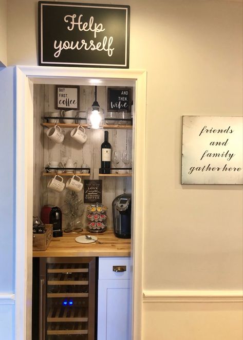 Kitchen Closet Coffee Bar, Coffee Nook In Closet, Coffee Station In Pantry Closet, Closet Into Wine Bar, Pantry Closet Coffee Bar, Closet Coffee Station, Coffee Bar Ideas In Closet, Wine And Coffee Bar Closet, Pantry Converted To Coffee Bar