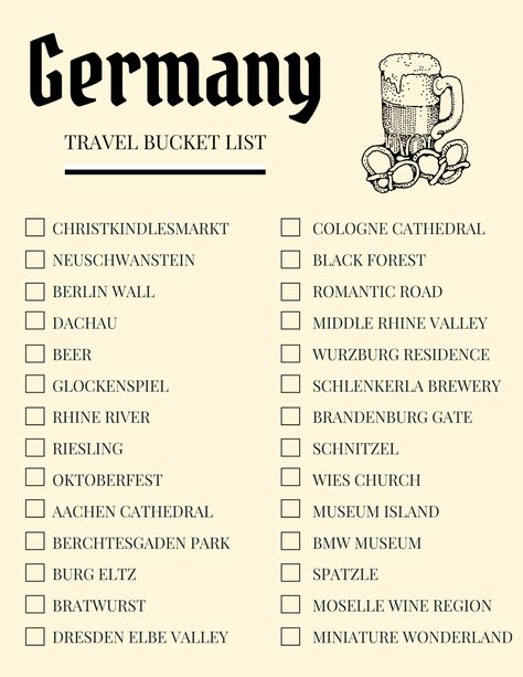 Travel Checklist Printable, German Travel, Bucket List Travel, Holiday Travel Destinations, Checklist Printable, The Bucket List, Travel Inspiration Destinations, Travel Checklist, Dream Travel Destinations