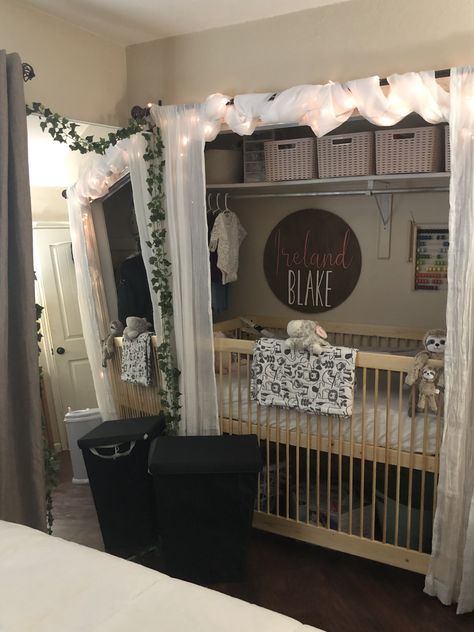 Preparing for our grand daughters visit!! Baby Shared Room With Parents, One Bedroom Apartment With Baby, Shared Baby Room With Parents, Sharing Room With Newborn Small Spaces, Baby Set Up In Parents Room, Tiny Nursery Ideas Small Spaces, Mom And Baby Room Shared Ideas, Nursery In Parents Room Small Spaces, Baby Boy Flowers