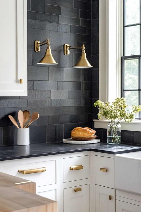 Black And White Kitchen With Backsplash, Black Countertop With Backsplash, Black And White Kitchen Black Backsplash, Black Backsplash Black Countertop, Kitchen Hood Backsplash Ideas, Black Counter And Backsplash, Black Countertops Backsplash Ideas, White Kitchen Dark Backsplash, Black Countertop And Backsplash