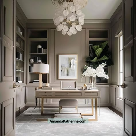 20+ Luxury Home Office Ideas - Amanda Katherine Home Office Design Luxury, Taupe Office Ideas, Elegant Home Office Ideas For Women Glam, Foyer Office Ideas, Womens Executive Office, California Home Office, Luxury White Office Interior, Office Interior Design Luxury Women, High End Home Office