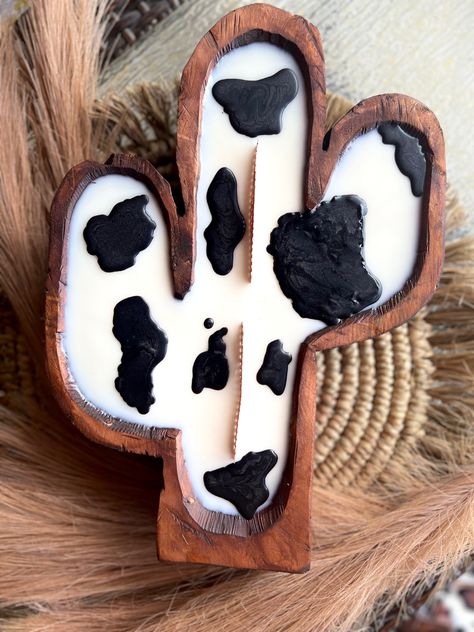 Wood Dough Bowl Candles, Cow Print Candle, Dough Bowl Candle Ideas, Western Decor Diy Homemade, Western Crafts To Sell, Candle Sconces Living Room Wall Decor, Candle Sconces Living Room, Cow Candle, Sconces Living Room Wall