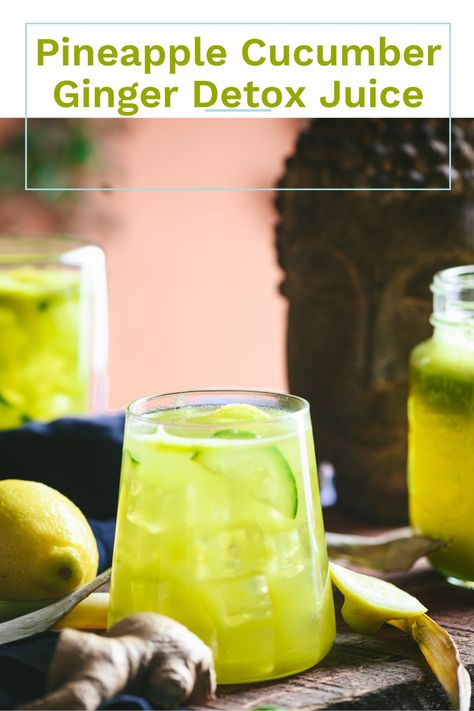 This is a picture of Pineapple Cucumber Ginger Detox Juice Recipe served on a table. Ginger Pineapple Detox Drink, Pineapple Juice Benefits, Cucumber Drink, Pineapple Cucumber, Pineapple Detox, Ginger Detox, Ginger Shot, Detox Juice Recipes, Protein Smoothies