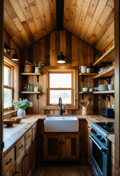 A cozy, rustic kitchen in a tiny house with wood-paneled walls, a farmhouse sink, open shelving, and a small stove Primitive Cabin Interior, Small Log Cabin Kitchens, Rustic Cabin Kitchen Ideas, Cabin Interiors Kitchen, Mini Cabin Ideas, Cabin Kitchen Cabinets, Tiny Cabin Kitchen, Cabin Kitchen Ideas, Rustic Cabin Kitchen