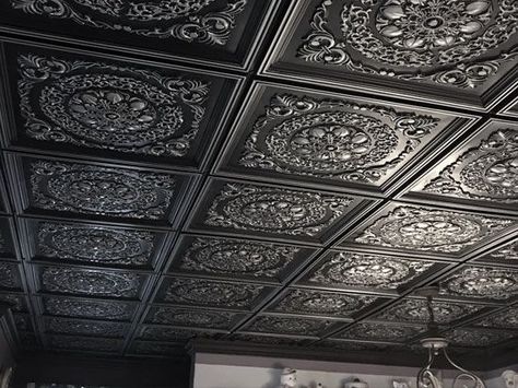 Victorian Ceiling Tiles, Victorian Tin Ceiling, Brass Ceiling Tiles, Black Ceiling Tiles Commercial, Tim Ceiling Tiles, Speakeasy Ceiling Ideas, Black Tile Ceiling, Dark Ceiling Ideas, Goth Ceiling