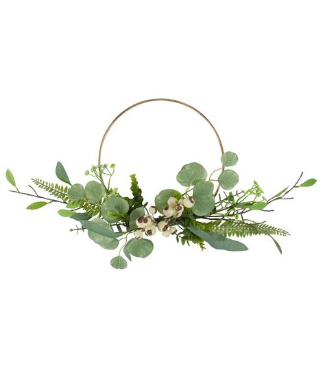 Eucalyptus Leaf and Fern Golden Ring Wreath Spring Decor Green and Gold 30"Add unique style to your decor with this Eucalyptus ring wreath Featuring assorted green foliage and white berries designed on a distressed golden metal ring what better way to welcome guests and spring to your home Features: Eucalyptus fern and berry hanging golden ring wreath Assorted green foliage completes this wreath Designed with large white berries and flowers Golden distressed metal ring for hanging Recommended for indoor use only or covered outdoor use No assembly required - comes in 1 piece Dimensions: Ring: 12" diameter Foliage: 10"H x 30"W x 4"D (measured from outermost edge to outermost edge across the wreath) Material(s): metal/polyester/twig/wire/plastic Product Details4 L x 30 W x 12 H inchesGolden r Ring Wreath, White Berries, Modern Wreath, Eucalyptus Leaf, Material Wreaths, Artificial Flowers And Plants, Eucalyptus Wreath, Artificial Wreath, Wreaths And Garlands