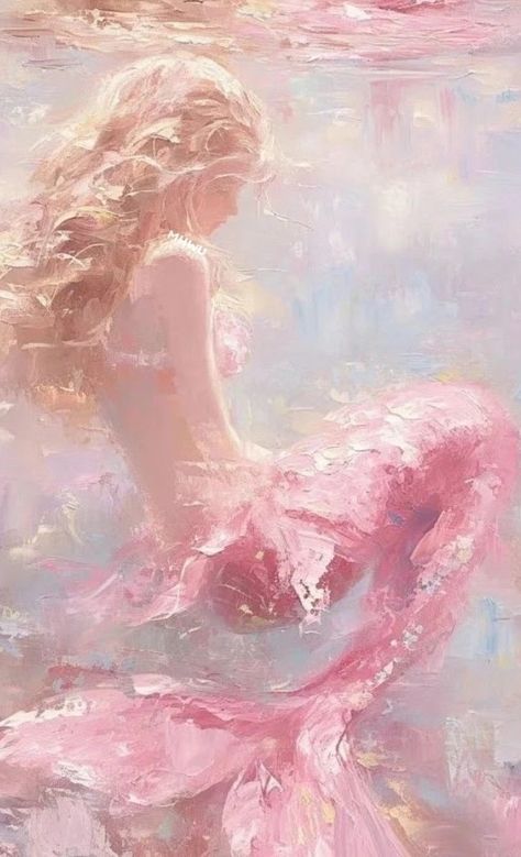 Pink Mythical Creature, Ethereal Water Aesthetic, Ethereal Mermaid Art, Blonde Mermaid Art, Mermaid Painting Aesthetic, Pink Haired Mermaid, Ethereal Pink Aesthetic, Pink Underwater Aesthetic, Ethereal Art Pink