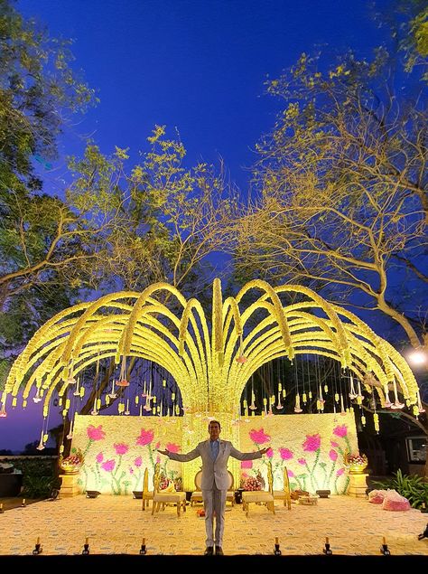 Wedding Mandap by The Tulip Touch Chauri, shaadi mandap, vedi A Beautiful shaadi Mandap with real flowers. Tree Mandap, Bamboo Art Installation, Lotus Wedding, Mandap Design, Wedding Stages, Forest Theme Wedding, Wedding Stage Decor, Engagement Decor, Mandap Decor