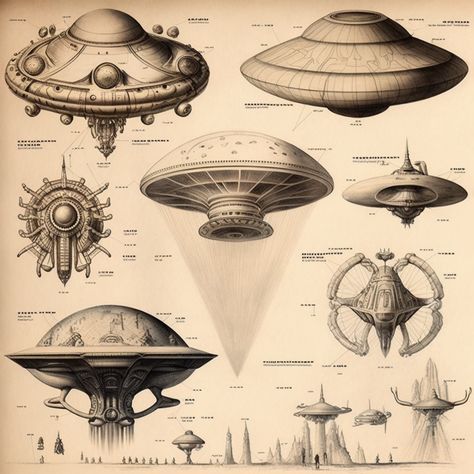 Drawings of flying saucers from an old book Cool Spaceship Designs, Flying Saucer Art, Flying Saucer Drawing, Alien Ship Drawing, Utopia Drawing, Ufo Drawing, Alien Project, Spaceship Drawing, Axial Skeleton