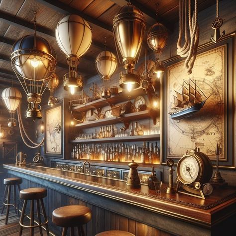 Adventure awaits in every corner. 🗺️✨ Spot the airship models and compasses that bring our steampunk bar to life. #sipthestyle #Steampunk #BarDesign #SteampunkBar Steampunk Room Aesthetic, Steampunk Decor Ideas, Steampunk Cafe, Steampunk Room, Steampunk Bar, Airship Model, Bar Decor Ideas, Steampunk Rooms, Interior Tips