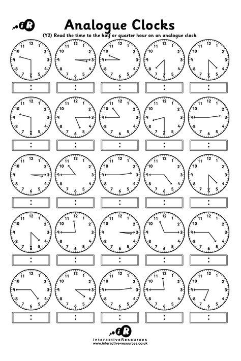 Telling Time - 25 Analogue Clocks (2) Free Teaching Time Worksheets! Read the time to the half or quarter hour on an analogue clock. Worksheet For Clock, How To Tell Time Worksheets, Telling Time First Grade Worksheets Free Printable, Analogue Time Worksheets Grade 3, Learning To Tell Time Free Printable, Tell The Time Worksheets Free Printable, 2nd Grade Time Worksheets Free, Time Practice Worksheets, Clock Reading Worksheet