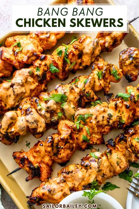 Bang Bang Chicken Skewers - Sailor Bailey Bang Bang Skewers, Sailor Bailey Bang Bang Chicken Skewers, Low Carb Chicken Skewers, Bangbang Chicken Skewers, Ground Chicken Skewers Grilled, Bang Bang Chicken Skewers, Healthy Teriyaki Chicken, Sailor Bailey, Bang Bang Sauce